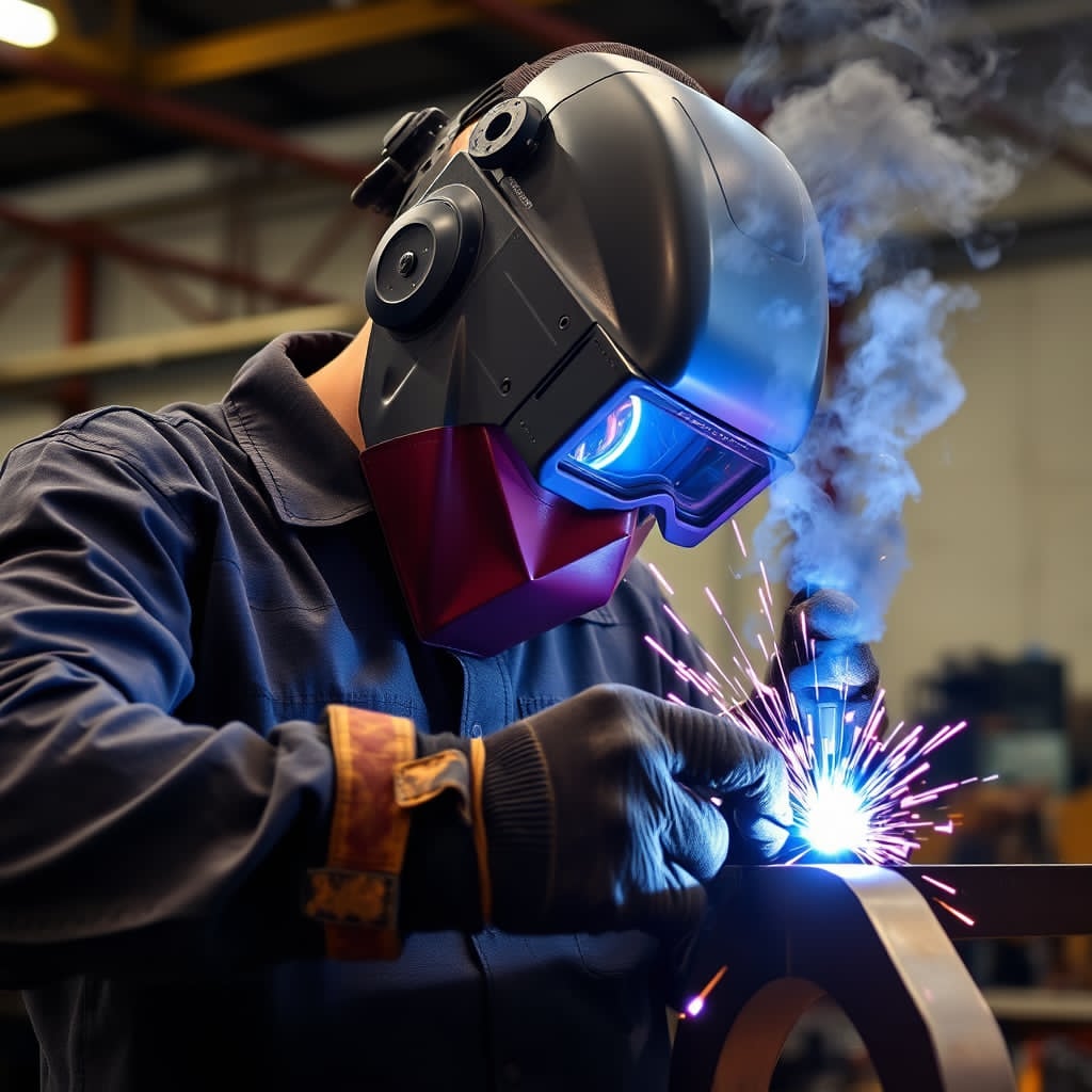 Welder at work in a fabrication shop with sparks flying